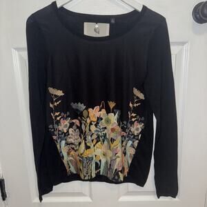 Michelle Morin Anthropologie Flamingo Garden Pullover Blouse‎ Black Floral M
